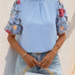 Embroidered Mock Neck Puff Sleeve Blouse
