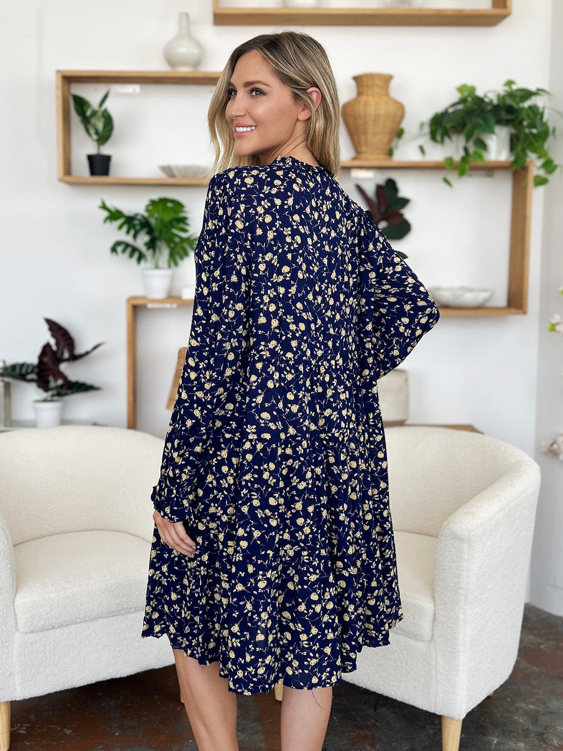 Double Take Full Size Printed Ruffle Hem Long Sleeve Dress