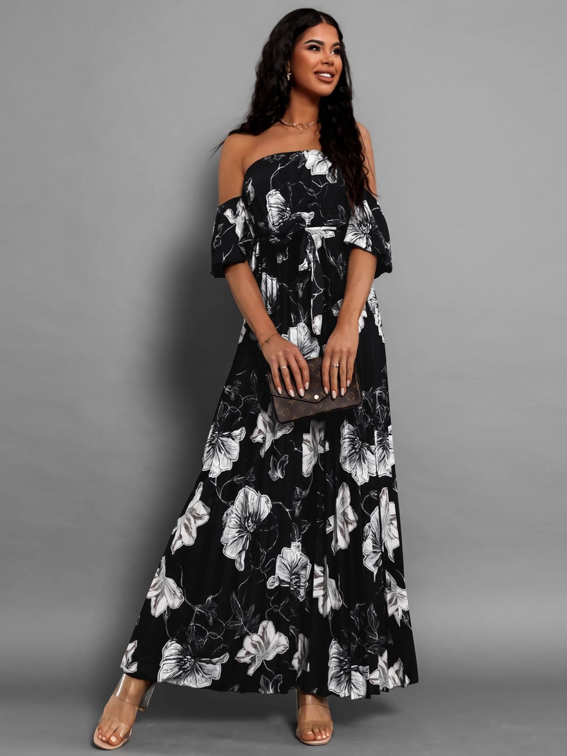 Full Size Pleated Floral Off-Shoulder Short Sleeve Midi Dress