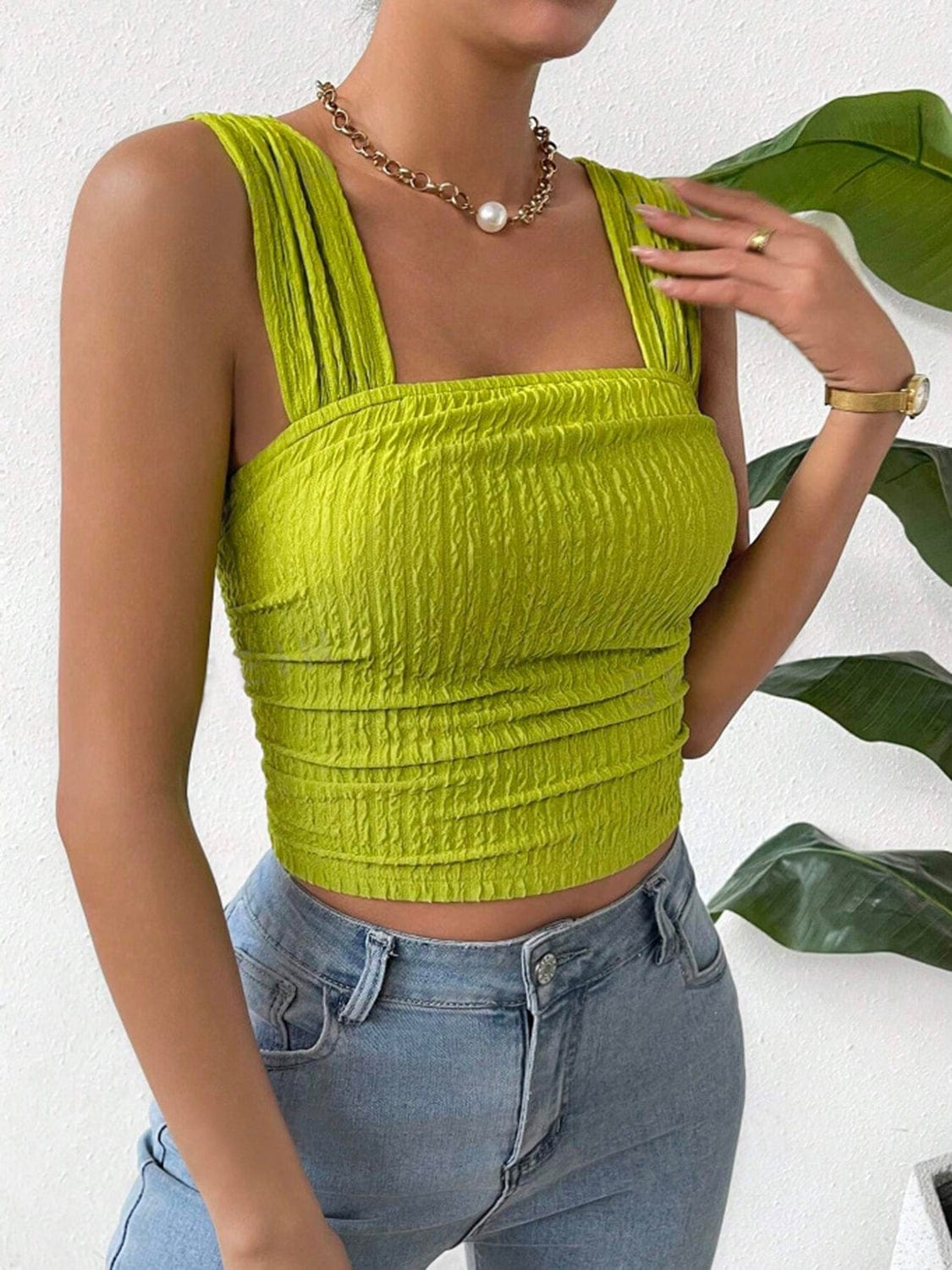 Full Size Textured Square Neck Wide Strap Tank