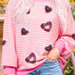 Valentine’s Day Pink Sequin Heart Striped Round Neck Long Sleeve Sweatshirt
