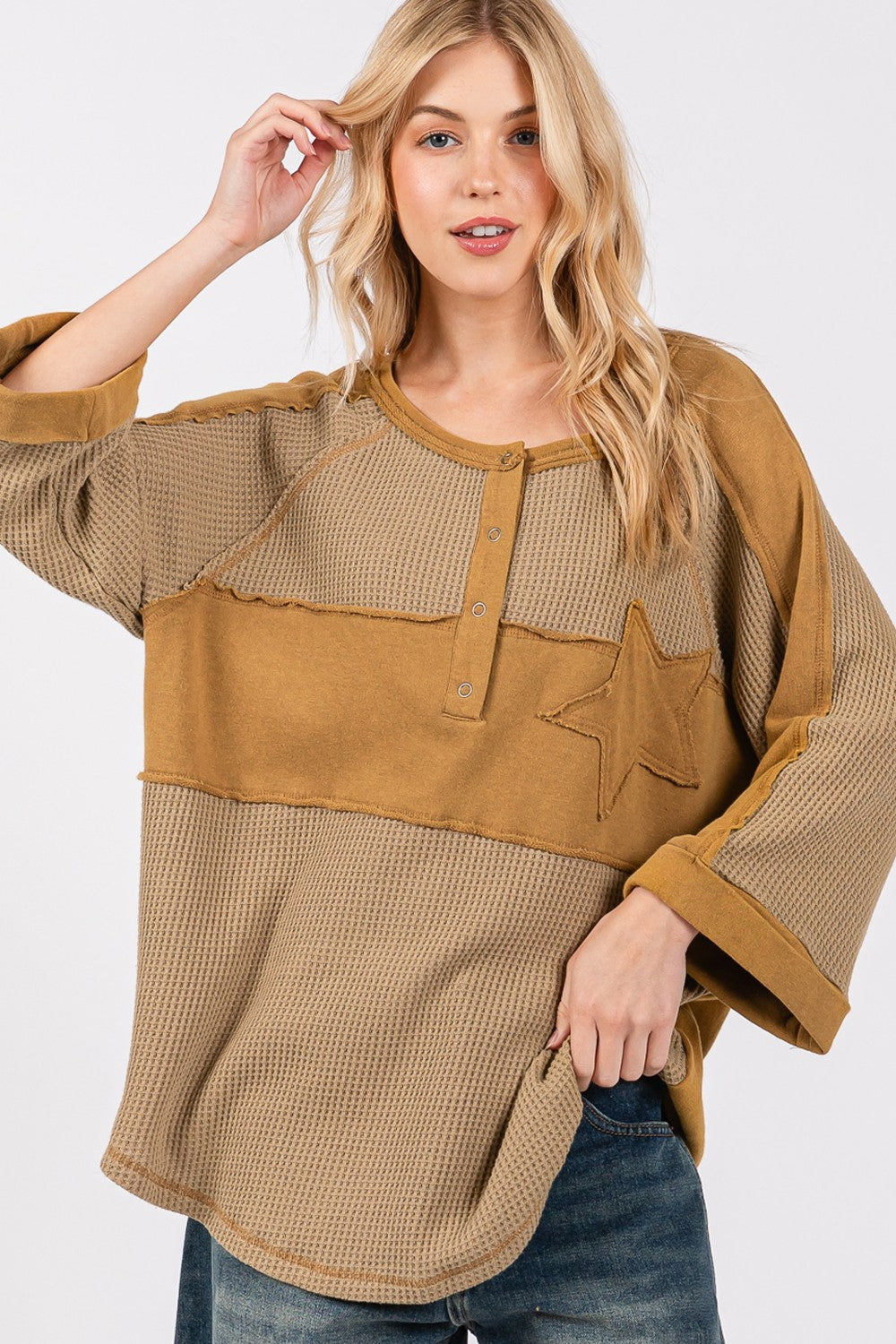 SAGE + FIG Star Applique Patch Exposed Seam Waffle Knit Top *