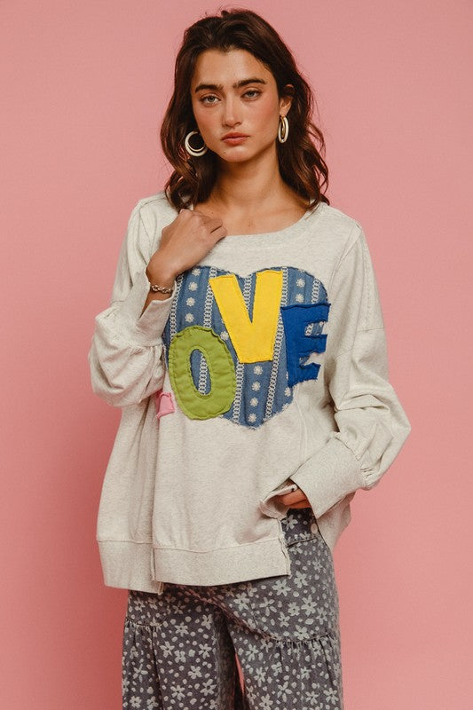 BiBi LOVE Heart Patch Slit French Terry Sweatshirt