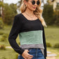 Color Block Square Neck Long Sleeve T-Shirt