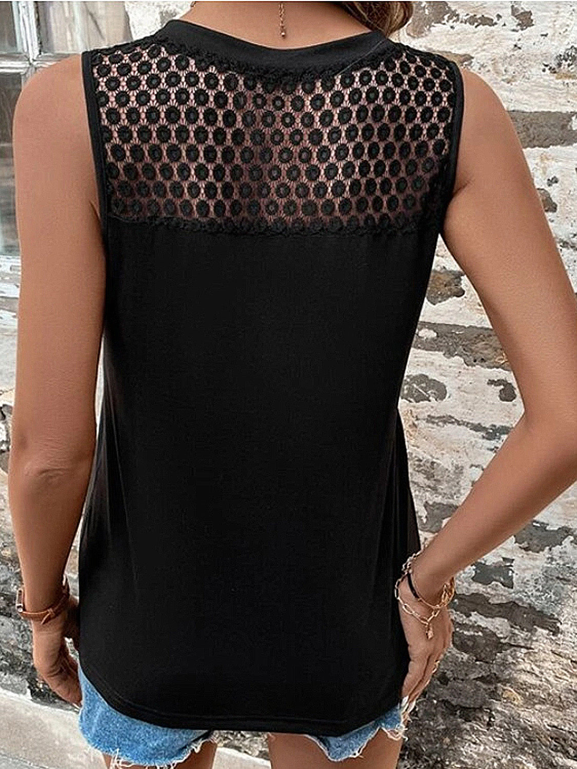 Full Size Black Lace Detail V-Neck Tank