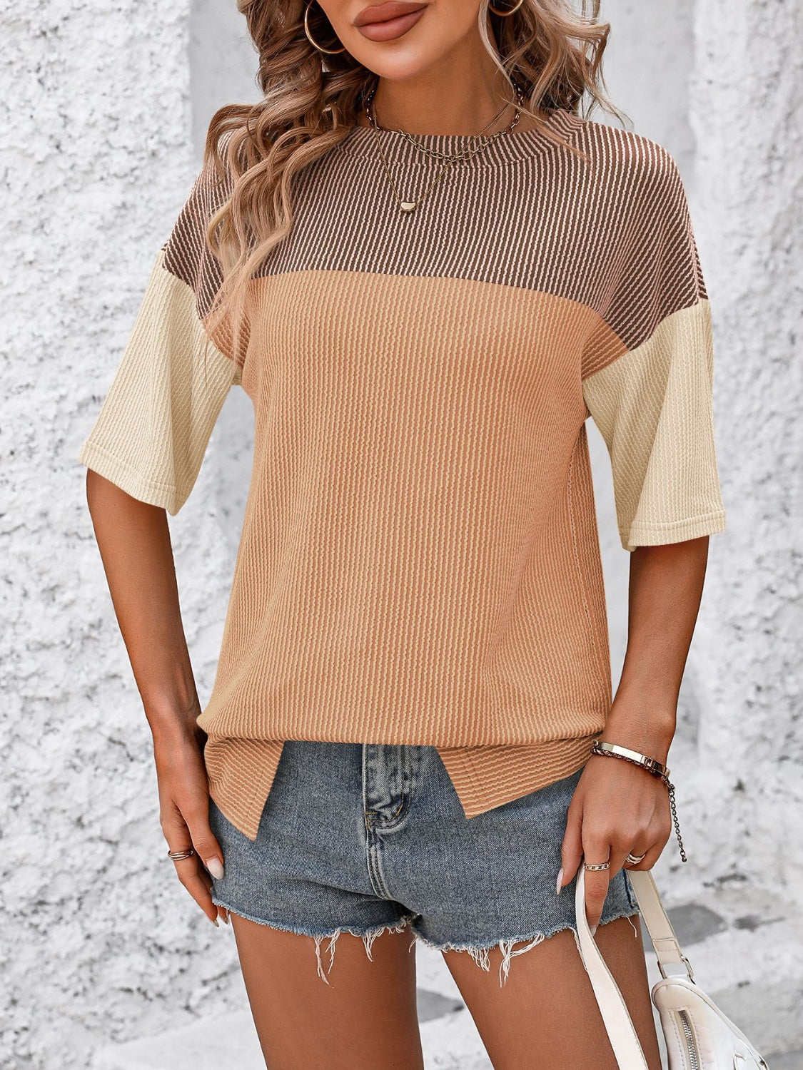 Full Size Color Block Round Neck Half Sleeve T-Shirt