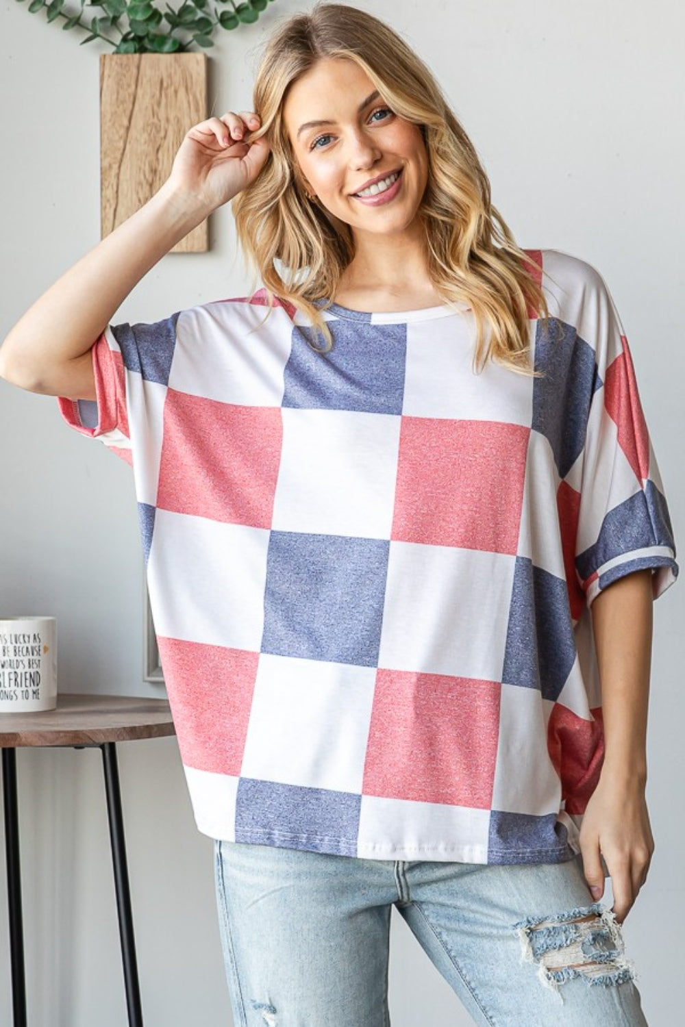 HOPELY Checkered Round Neck Half Sleeve T-Shirt *