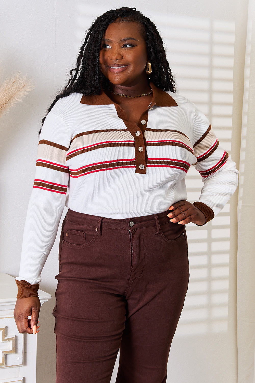 Basic Bae Striped Collared Neck Rib-Knit Top *