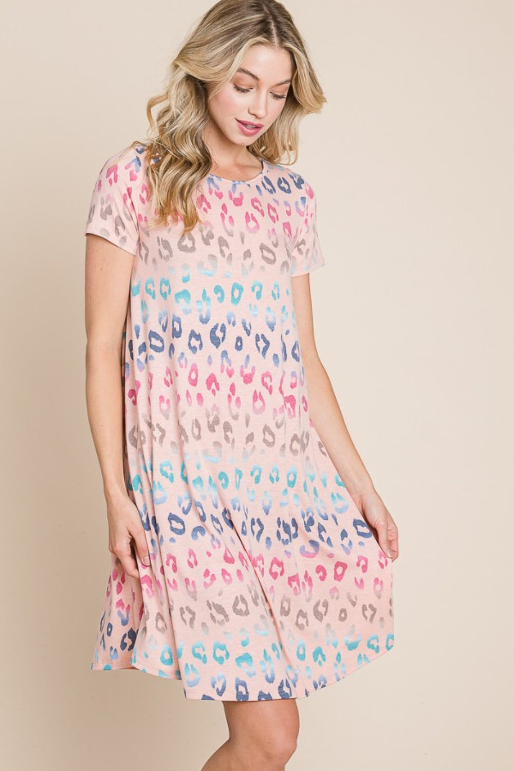 BOMBOM Leopard Round Neck Short Sleeve Dress *
