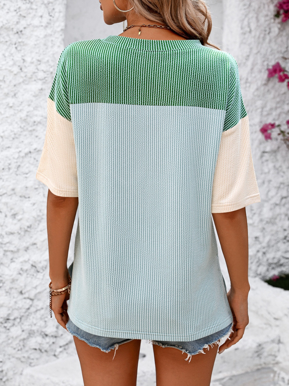 Full Size Color Block Round Neck Half Sleeve T-Shirt