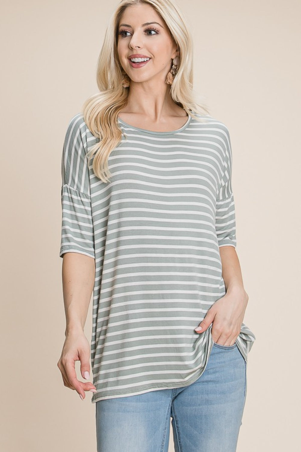 BOMBOM Striped Round Neck T-Shirt *