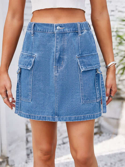 Full Size Pocketed Buttoned Denim Skirt