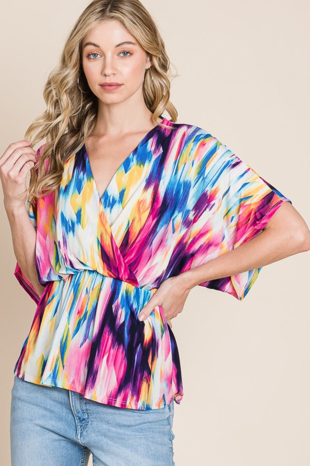 BOMBOM Printed Surplice Peplum Blouse *