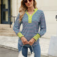 Contrast Striped Notched Long Sleeve Top