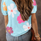 Flower Round Neck Short Sleeve Blouse