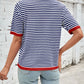Lovelet Striped Contrast Round Neck Half Sleeve Knit Top