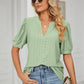 Eyelet Short Puff Sleeve Notched Neck Top