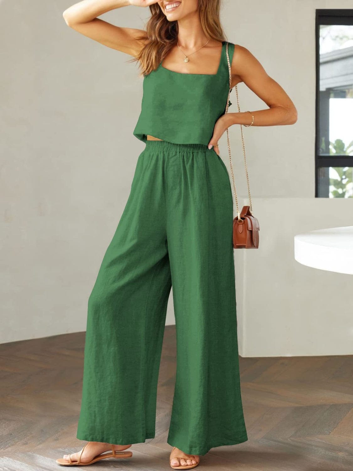 Full Size Square Neck Top and Wide Leg Pants Set