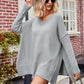 Slit V-Neck Dropped Shoulder Sweater