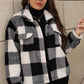 Plus Size Pocketed Plaid Collared Neck Jacket