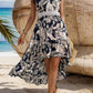 High-Low Printed V-Neck Cap Sleeve Midi Dress