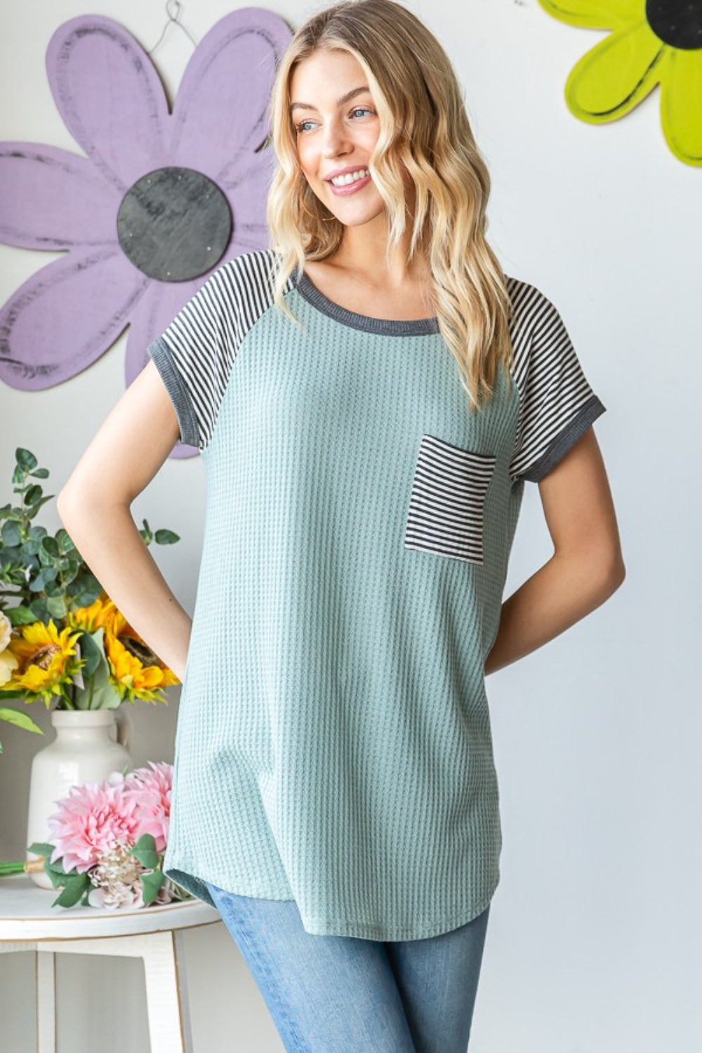 Heimish Full Size Striped Short Sleeve Waffle T-Shirt *