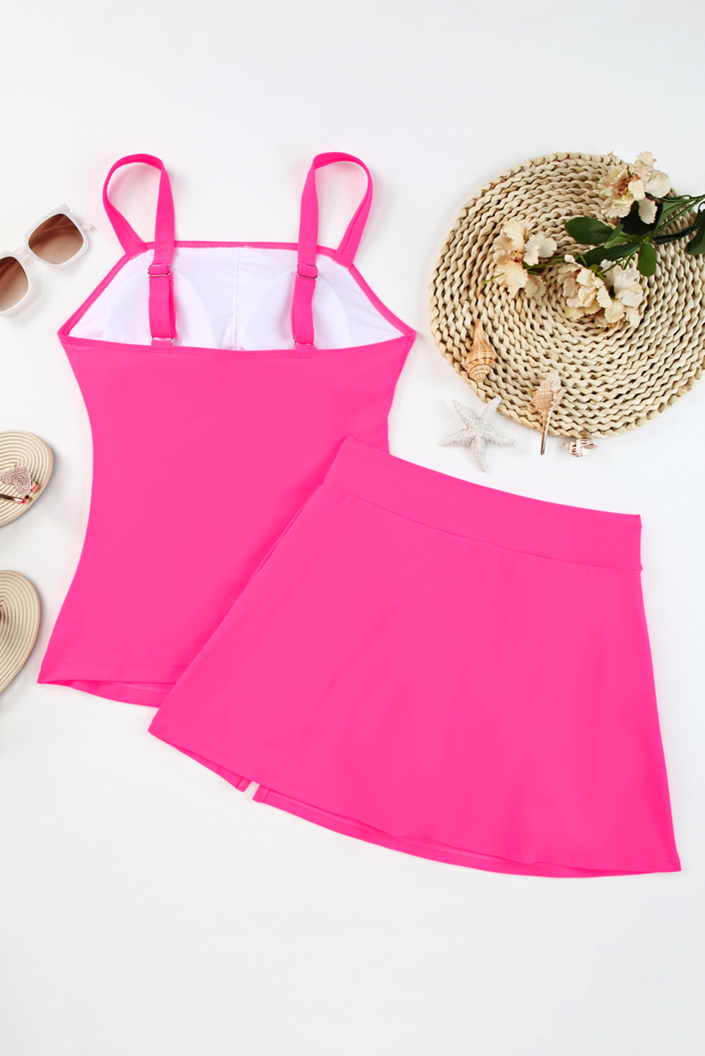 Full Size Hot Pink Square Neck Top and Skirt Swim Set