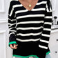 Devine Striped V-Neck Long Sleeve Knit Top