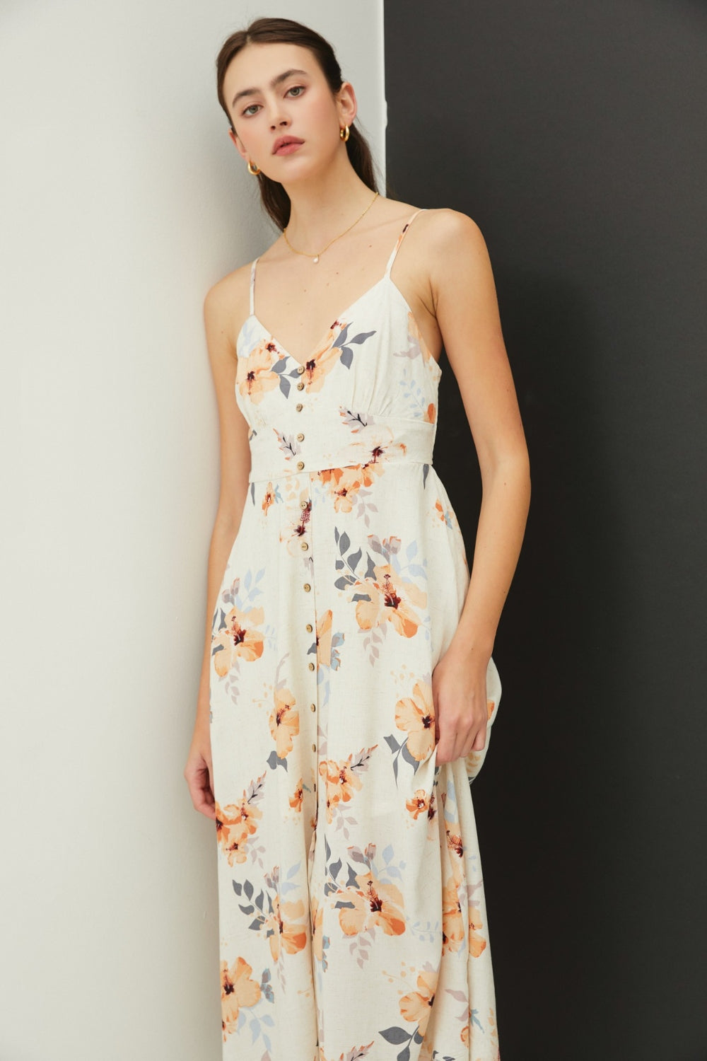 Be Cool Floral Peach Hibiscus Button Down Cami Midi Dress *