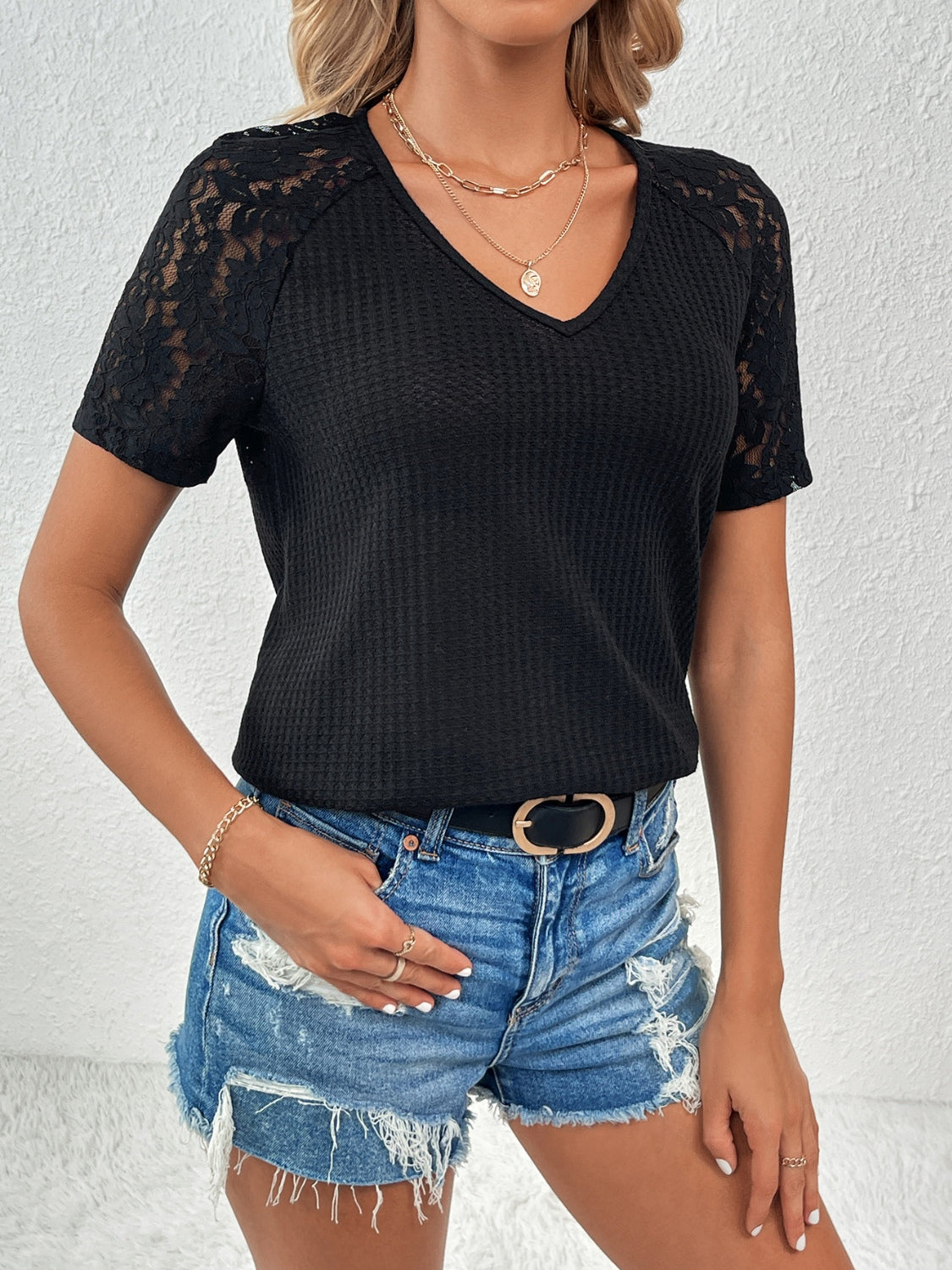 Full Size Lace Detail V-Neck Short Sleeve T-Shirt