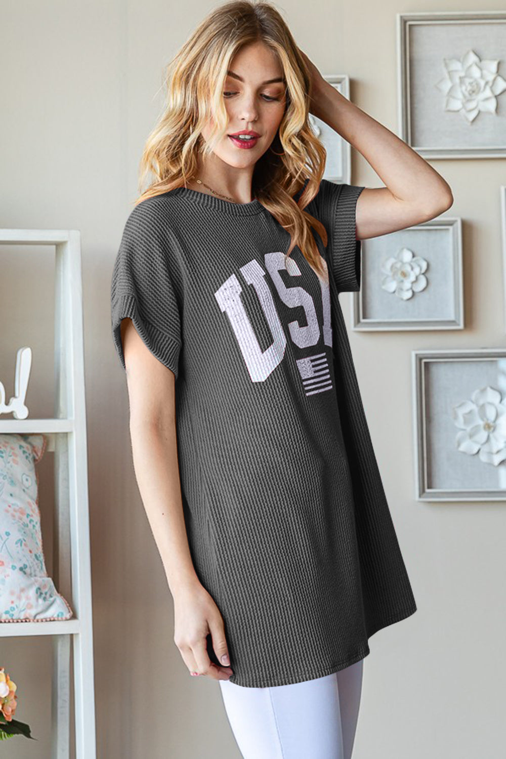 Heimish Full Size USA Graphic Short Sleeve Ribbed Top *