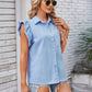 Ruffled Pocketed Collared Neck Cap Sleeve Denim Top