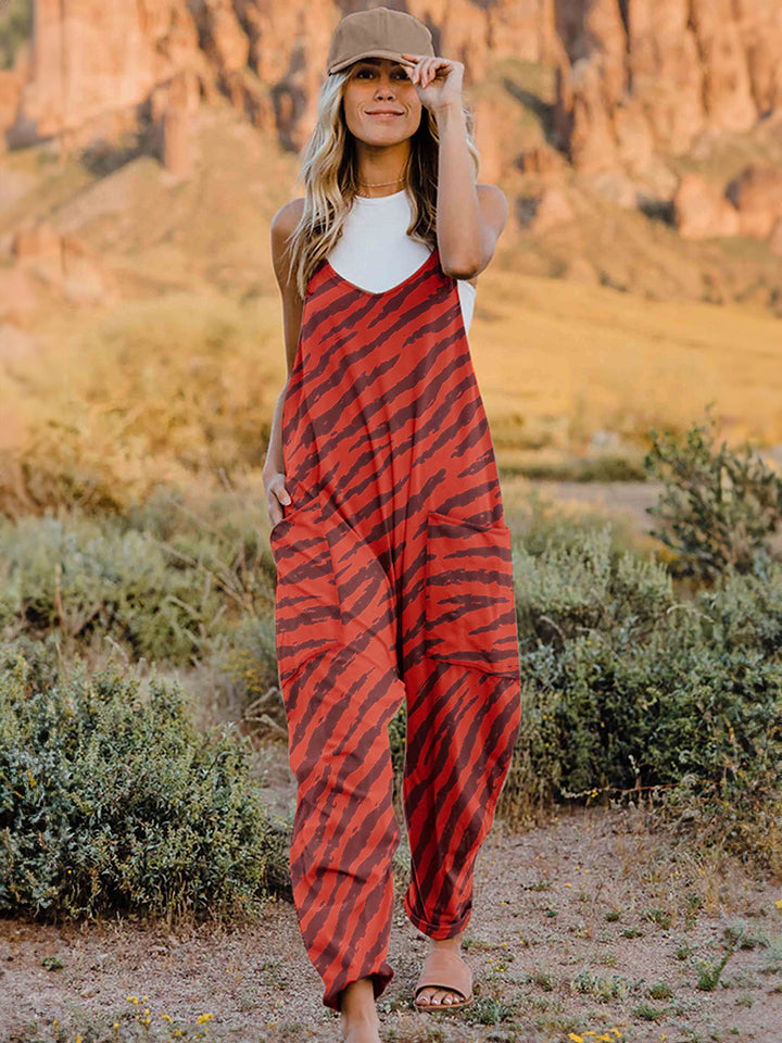 Double Take Full Size Printed V-Neck Sleeveless Jumpsuit