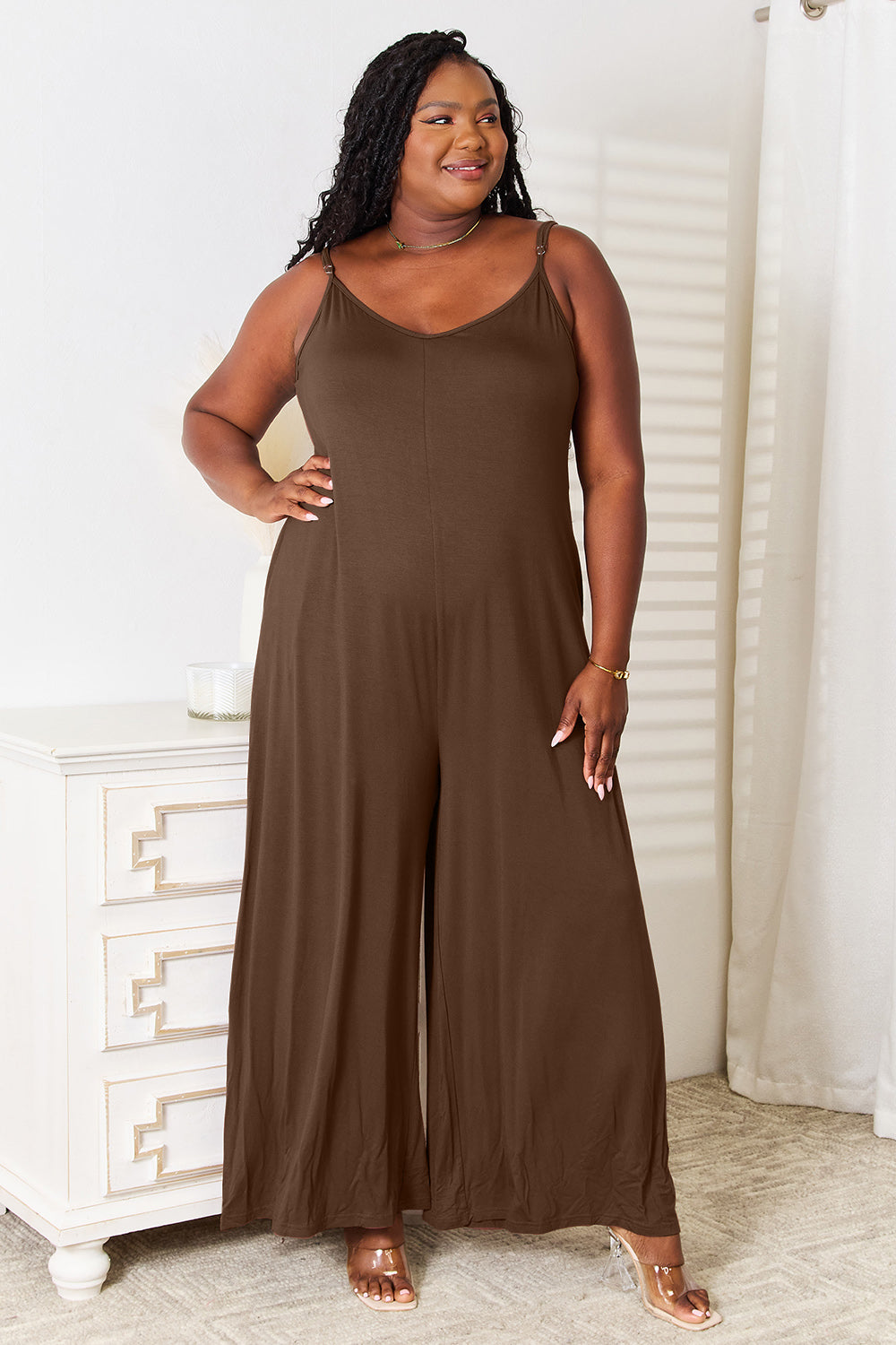 Double Take Full Size Soft Rayon Spaghetti Strap Tied Wide Leg Jumpsuit *