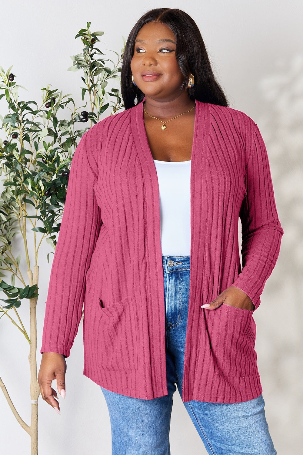Basic Bae Full Size Ribbed Open Front Cardigan with Pockets *