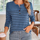 Quarter Button Striped Round Neck Long Sleeve T-Shirt