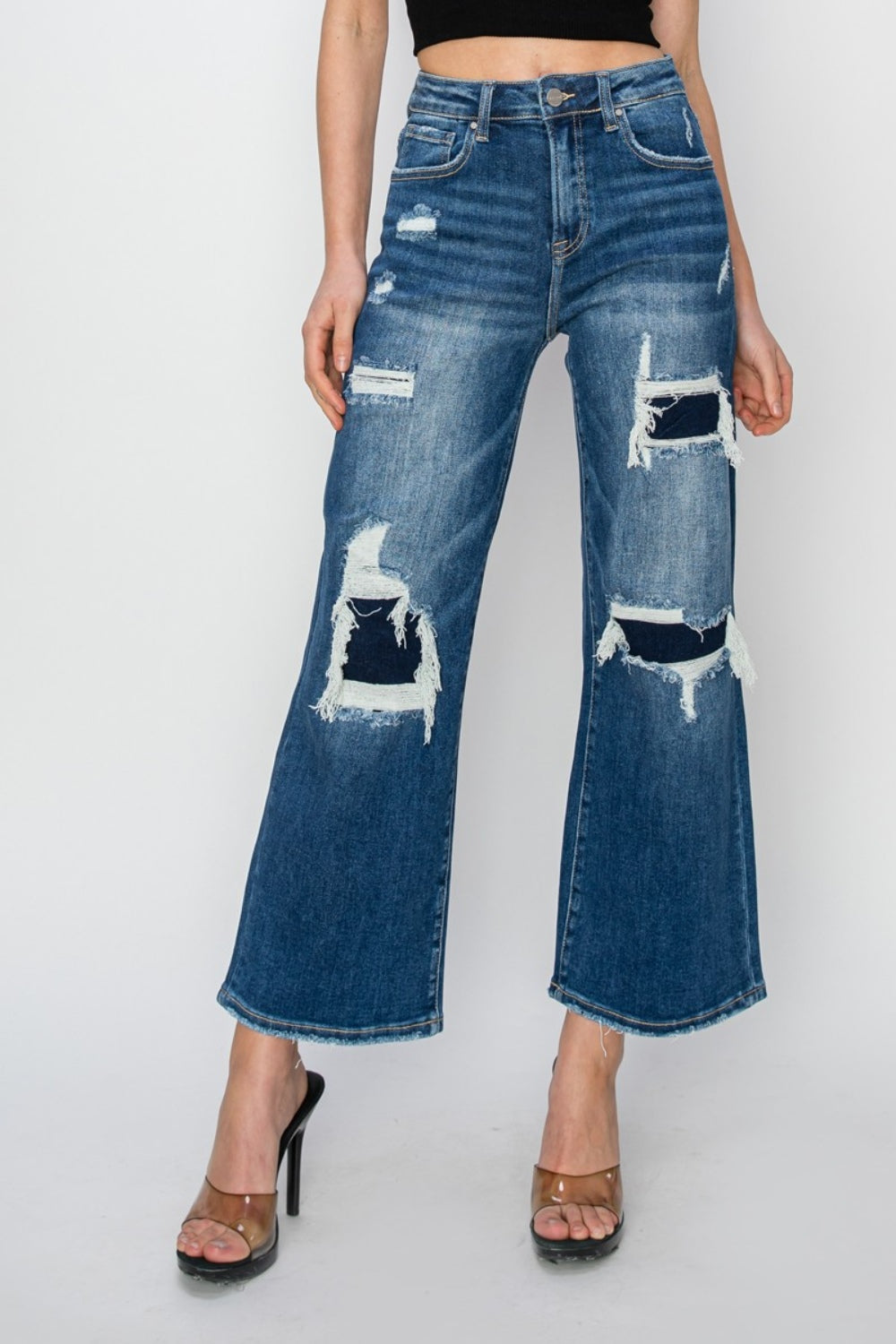 Risen Full Size High Rise Patch Detailed Wide Leg Crop Jeans *