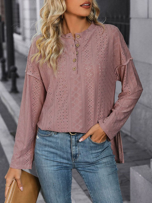 Eyelet Round Neck Long Sleeve Top