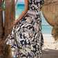 High-Low Printed V-Neck Cap Sleeve Midi Dress