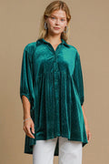 Umgee Full Size Polka Dot Collared Neck Button Up Shirt *
