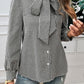 Pocketed Plaid Tie Neck Long Sleeve Shirt