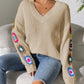 Crochet Flower V-Neck Sweater