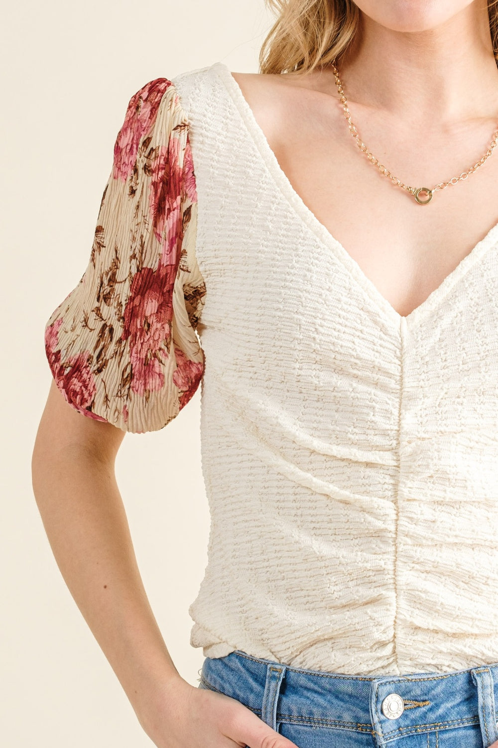 And The Why Full Size Floral Print Textured Sleeve Knit Top *