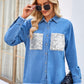 Raw Hem Button Up Long Sleeve Denim Jacket with Sequin Pockets