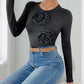 Perfee Flower Round Neck Long Sleeve Bodysuit