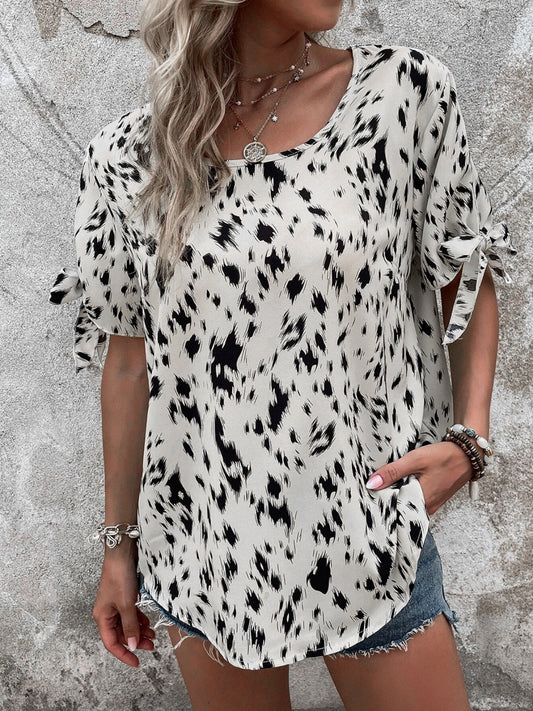 Tied Printed Boat Neck Blouse