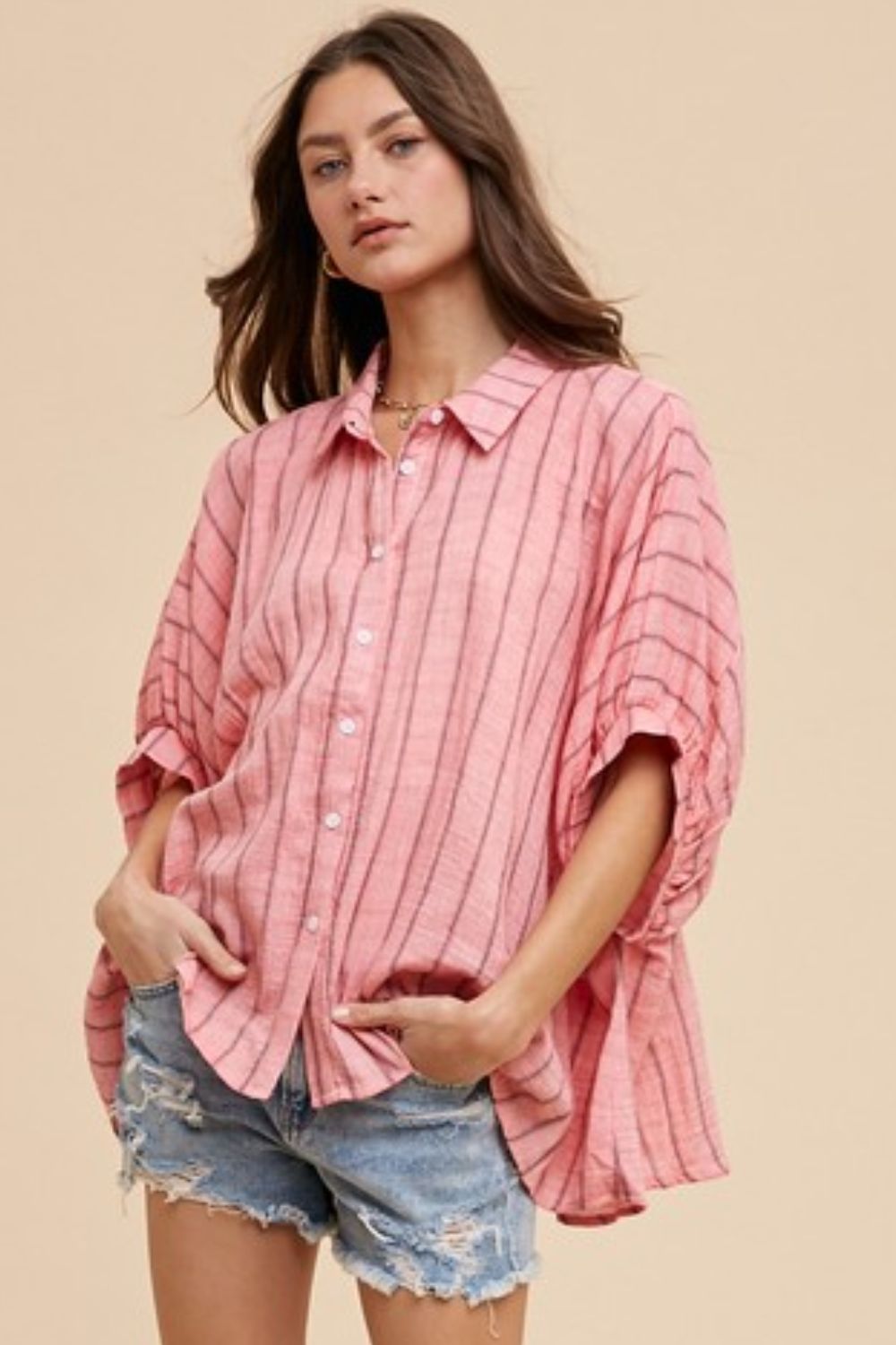 Annie Wear Striped Button Up Half Sleeve Shirt *