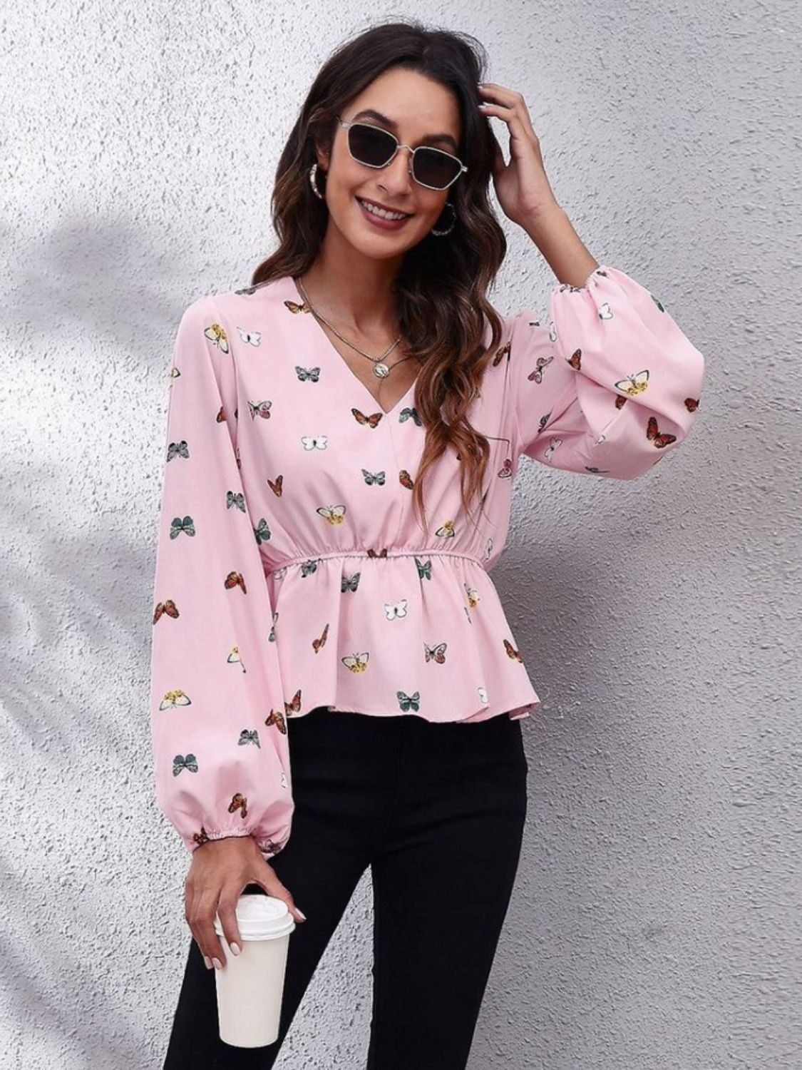 Printed V-Neck Long Sleeve Blouse