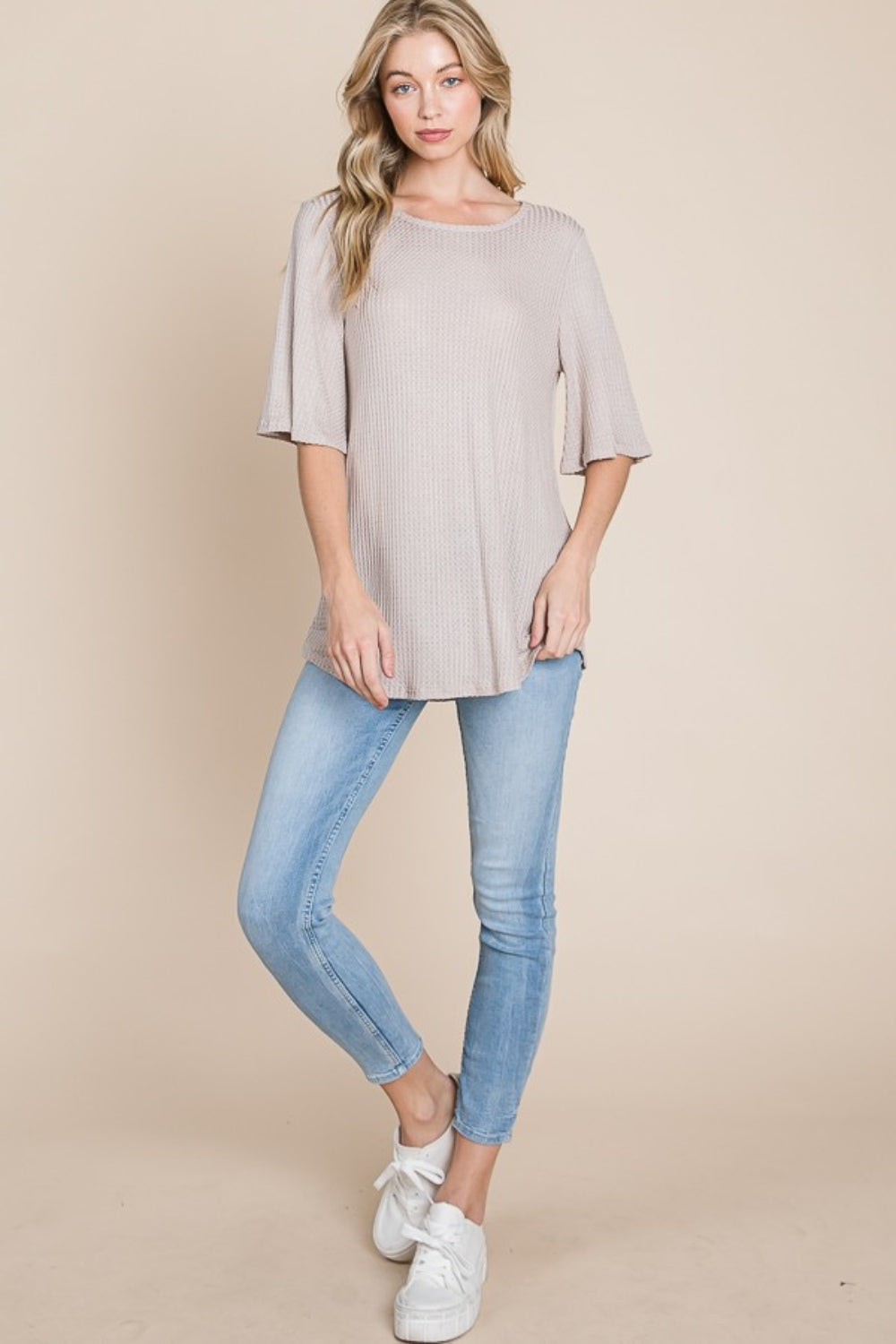 BOMBOM Round Neck Waffle Knit T-Shirt *