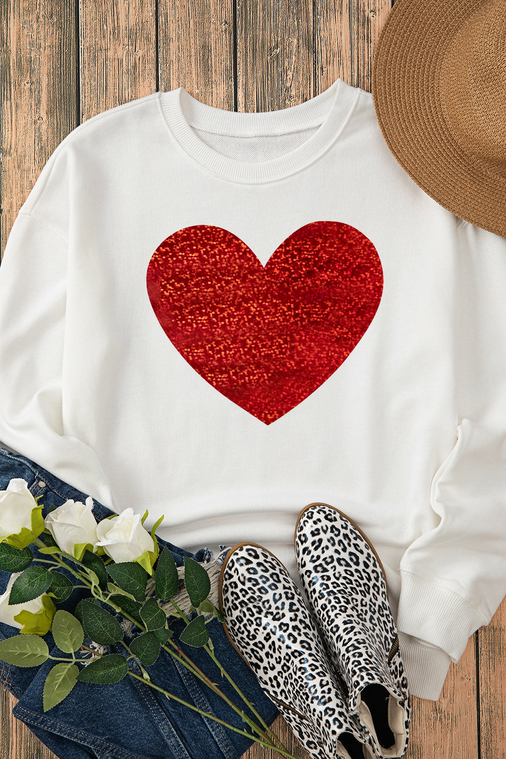 Valentine’s Day Heart White Round Neck Long Sleeve Sweatshirt